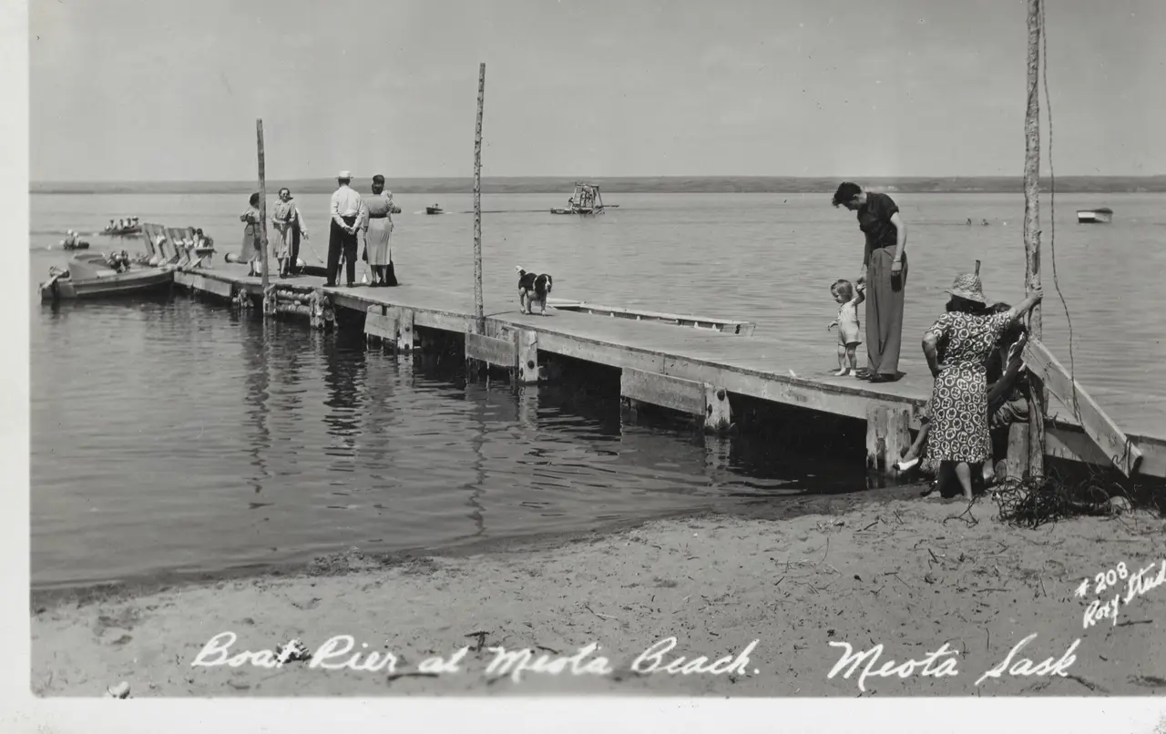 Boat pier at Meota Beach, about 1940s